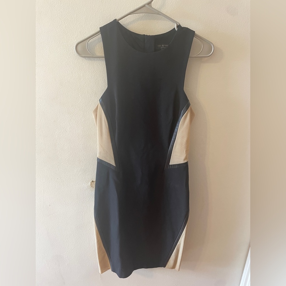 Rag & Bone Black Dress with Beige Side Panels and Lamb Leather Trim Size 4